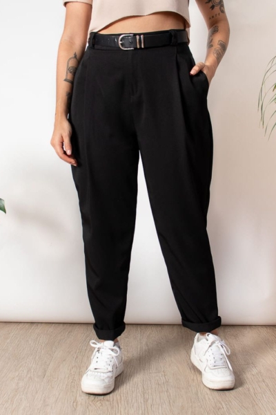 Pant Tiro Alto Negro Lino